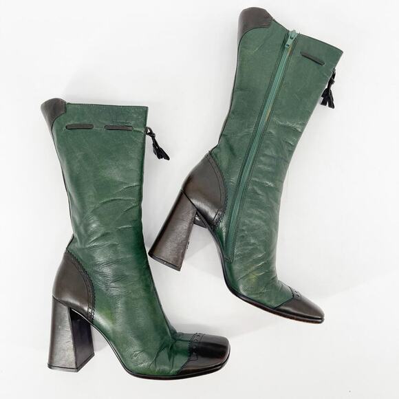 Prada Fall/Winter 1999 Green & Brown Leather Mid-Calf Block Heel Boots IT 37 - Picture 5 of 15